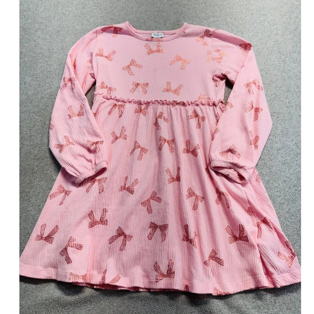Crewcuts J Crew Girls Size 8 Pink Metallic Bow Print Long Sleeve Dress School